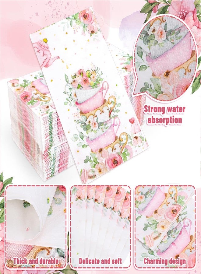 Whaline 100Pcs Tea Party Guest Napkins Floral Teacup Disposable Napkins Flower Tea Cup Dinner Hand Towel Paper Napkins for Bathroom Wedding Baby Shower Party Table Decor Supplies - Image 3